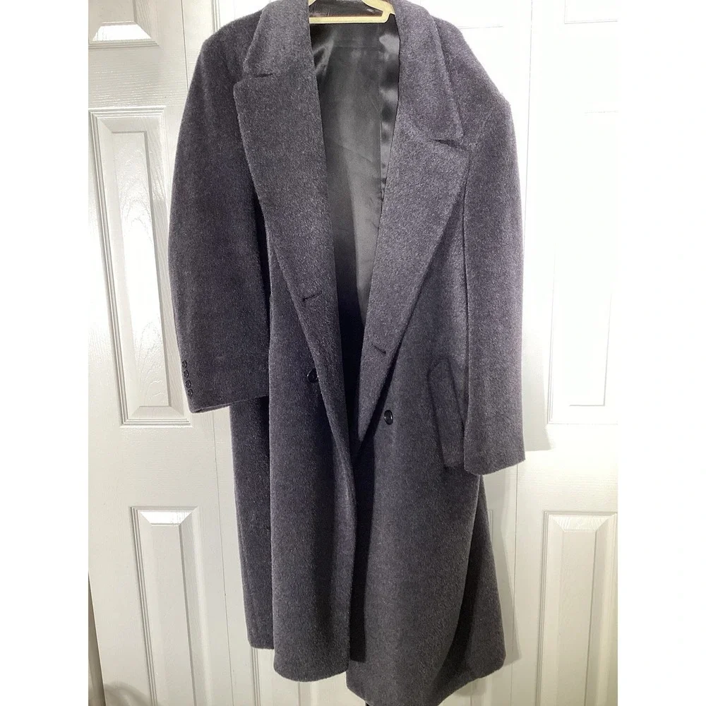 Vintage London Fog Men's 42 Long Dark Gray 100% Wool Trench Coat Button Pea USA